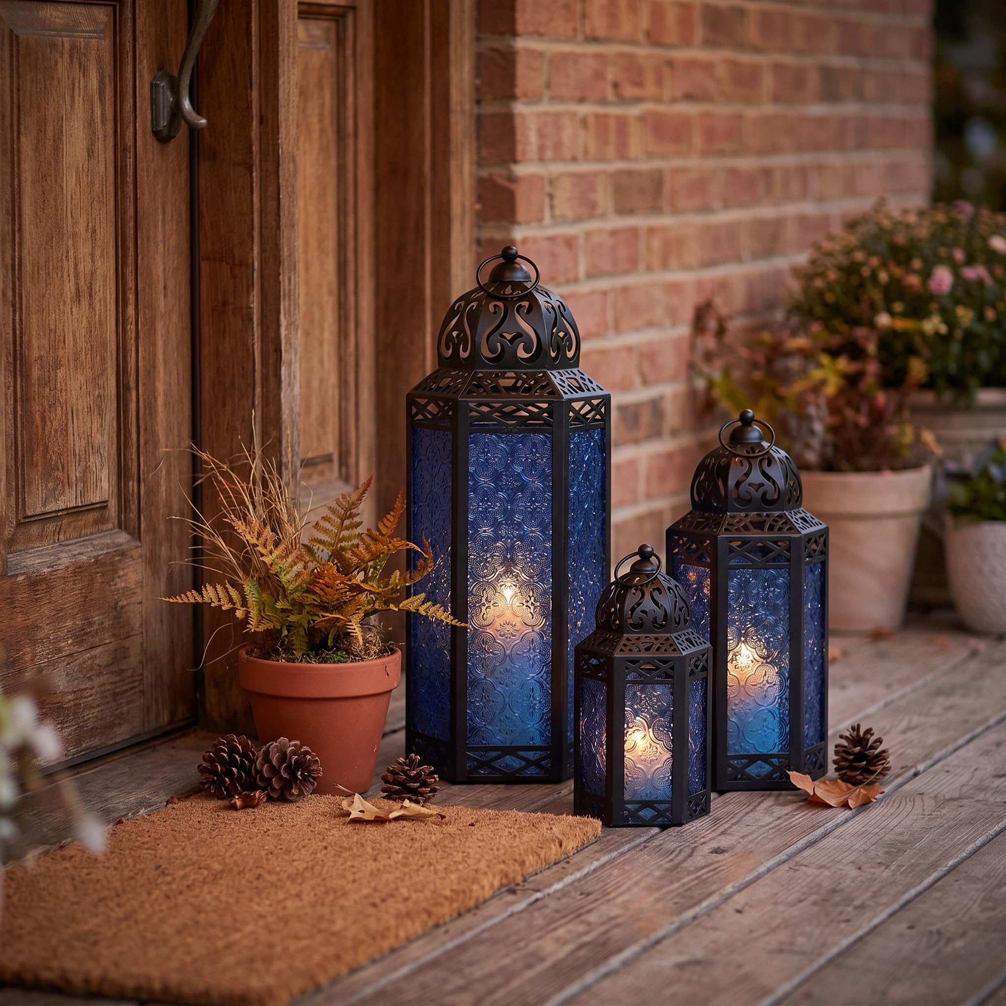 Vela Lanterns Juego de 3 faroles portavelas marroquíes Decorativos para Suelo, decoración de Ramadán, decoración Interior del hogar, Patio al Aire Libre o Porche, Bodas, Cobalto