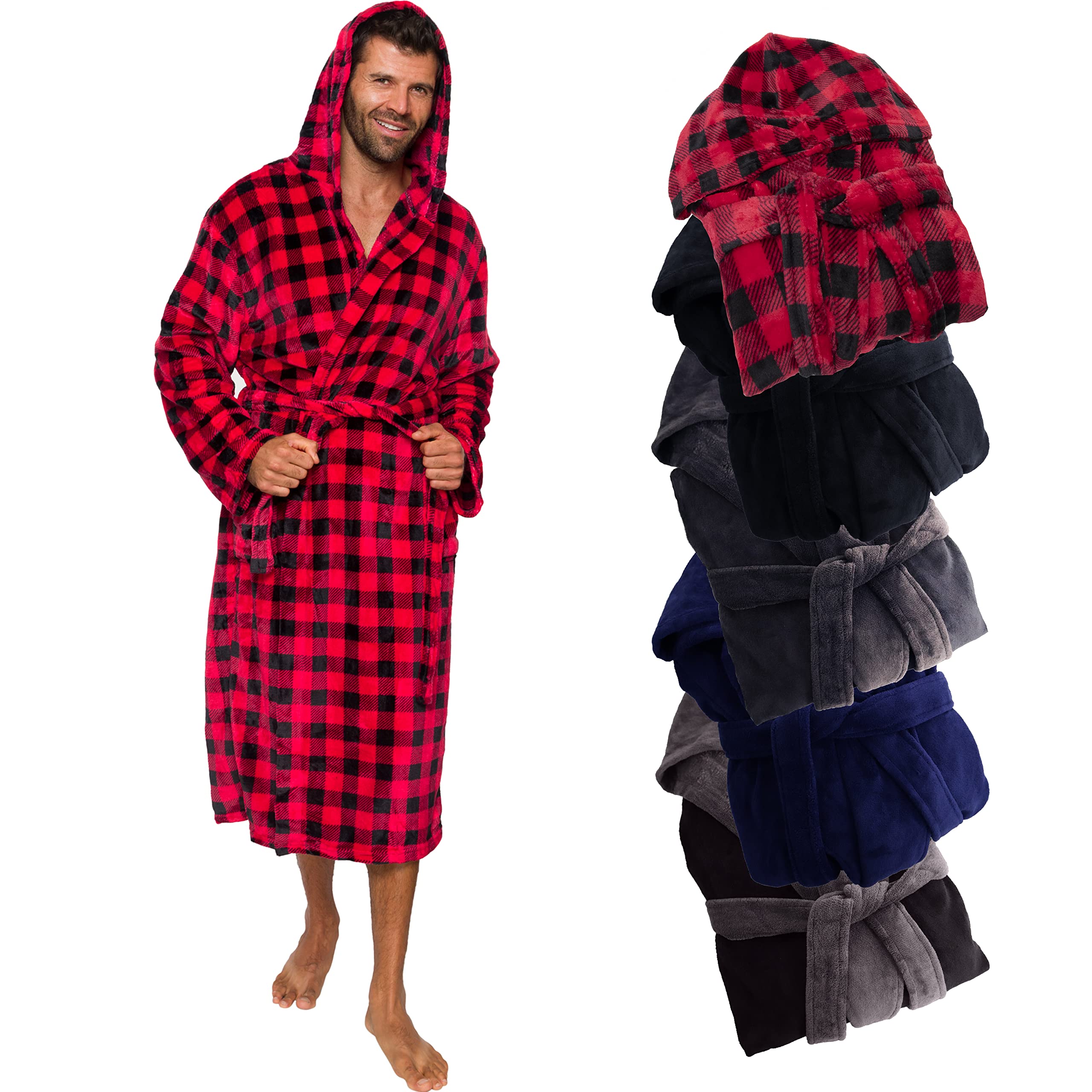 Buffalo Plaid Hooded Bathrobe - Men's Medium Length Luxury Plush Big & Tall Sleep Robe-image-39
