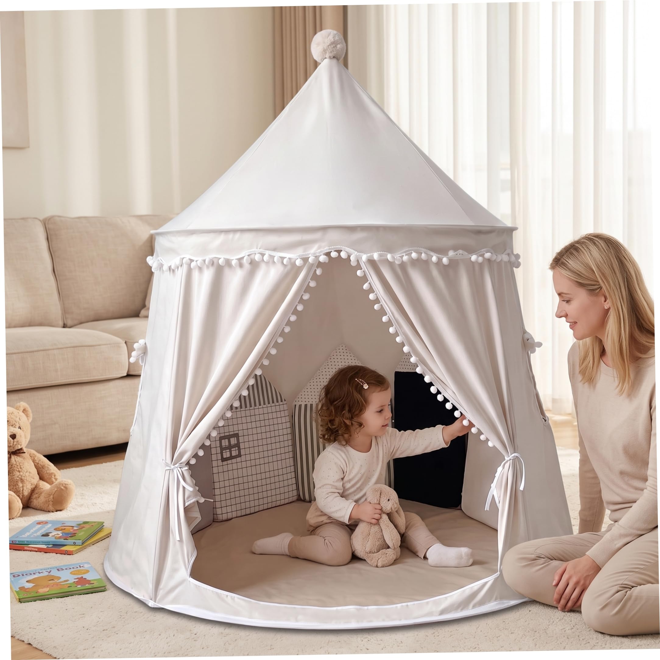 Tenda Teepee, Tenda da Gioco Pieghevole per Interni con Finestra di Ventilazione Beige