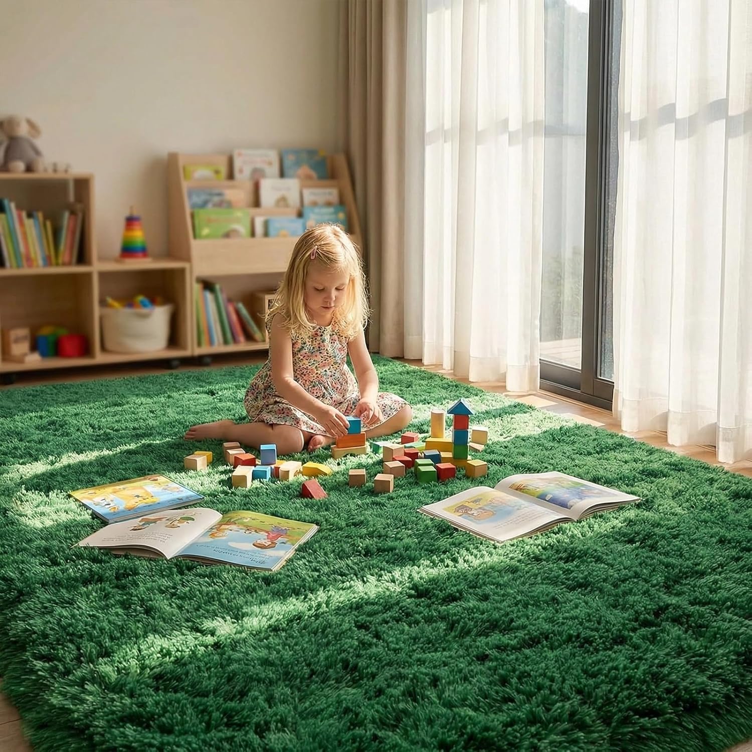 Green Area Rugs for Living Room Bedroom, 8x10 Feet Non-Slip Ultra Soft Fluffy Shag Carpet, Large Bedside Indoor Floor Area Rug for Kids Girls and Boys, Dorms, Nursery Rooms, Home Decor Aesthetic