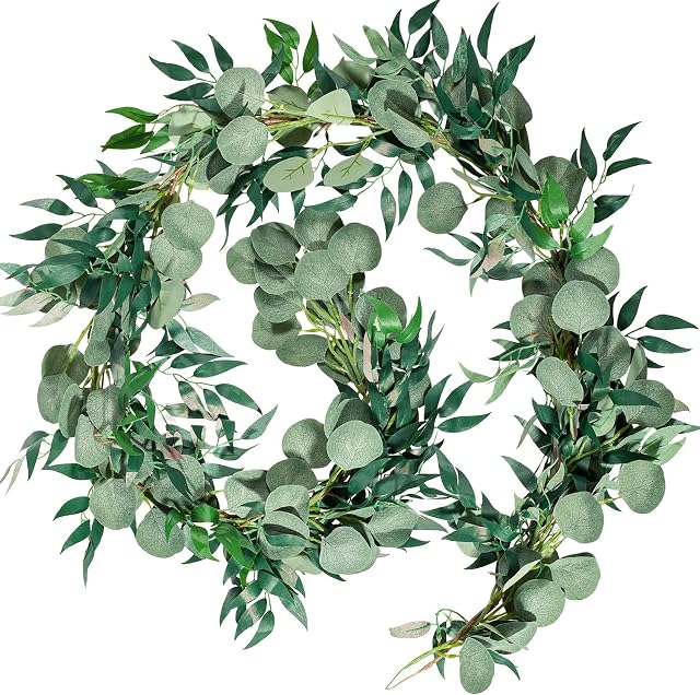 Whaline 6.5ft Artificial Eucalyptus and 5.6ft Willow Leaves Garland, Faux Silver Dollar Eucalyptus Leaves Garland and Willow Vines Twigs Leaves Garland for Outdoor Indoor Decoration (Green)