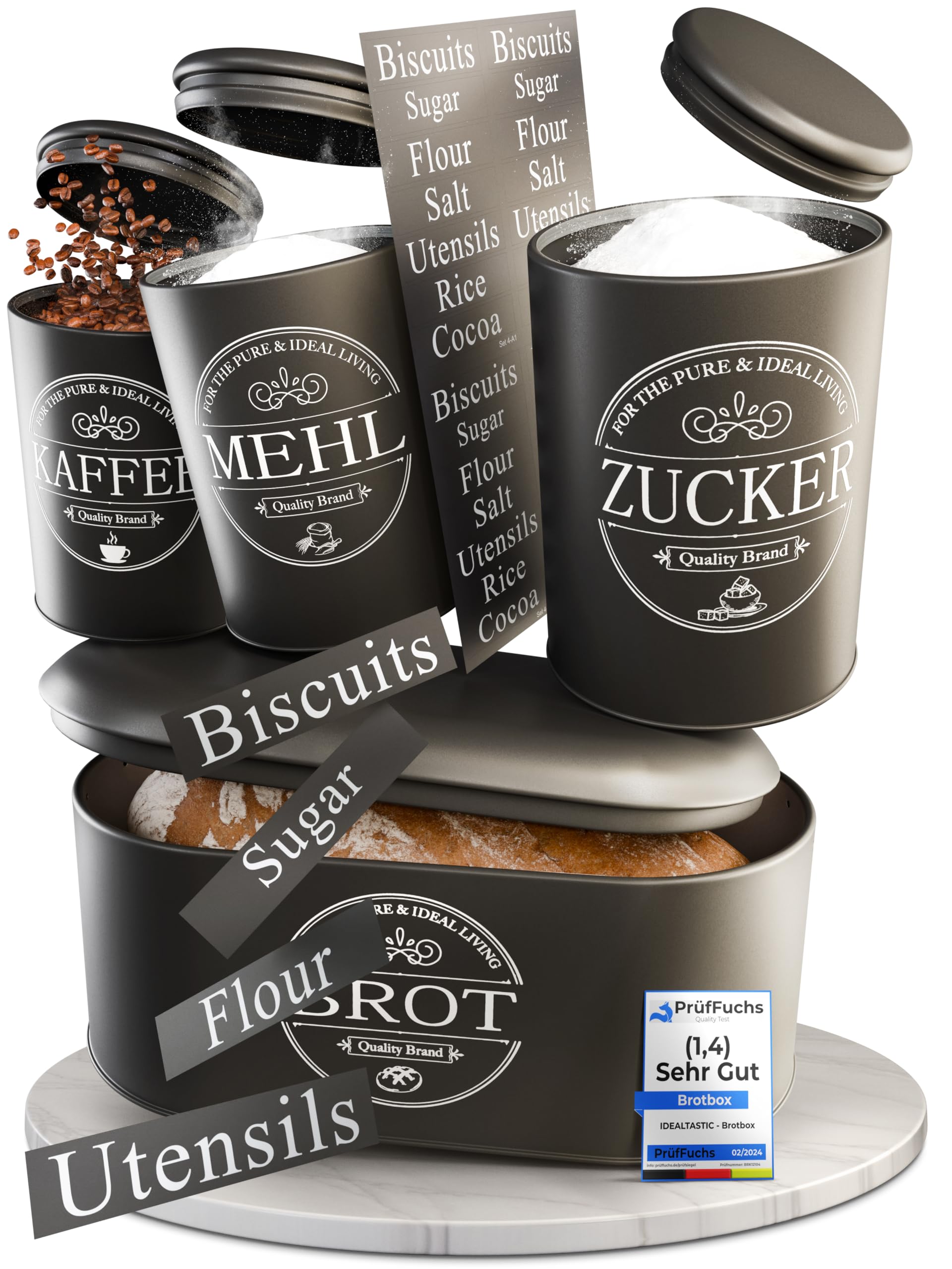 IDEALTASTIC® Premium Brotkasten 4er Set, Zuckerdose, Mehl Aufbewahrung & Kaffeedose luftdicht, Brotbox schwarz I Vorratsdosen je 500g & 1x Brot I Frische & Eleganz in Ihrer Küche