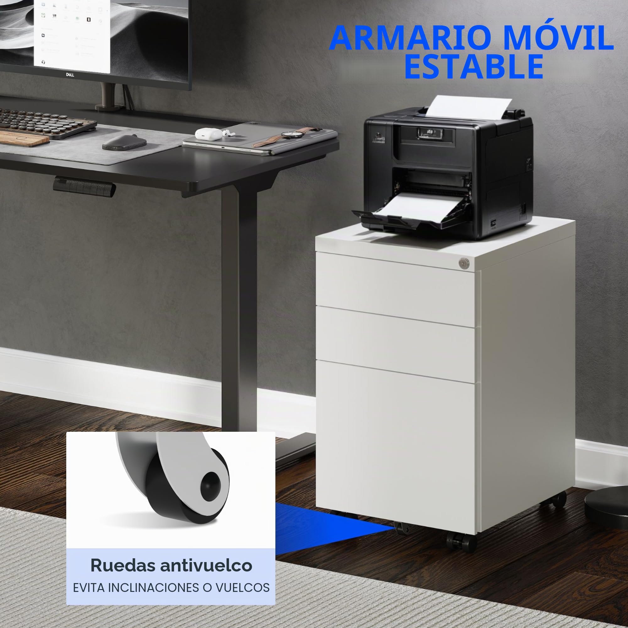 FLEXISPOT Archivadores Móviles, Armario Metálico, Armario de Oficina, Archivador Bajo Escritorio con 3 Cajones para Oficina, Salón y Dormitorio, Cajonera con Cerradura de Llave-Blanco