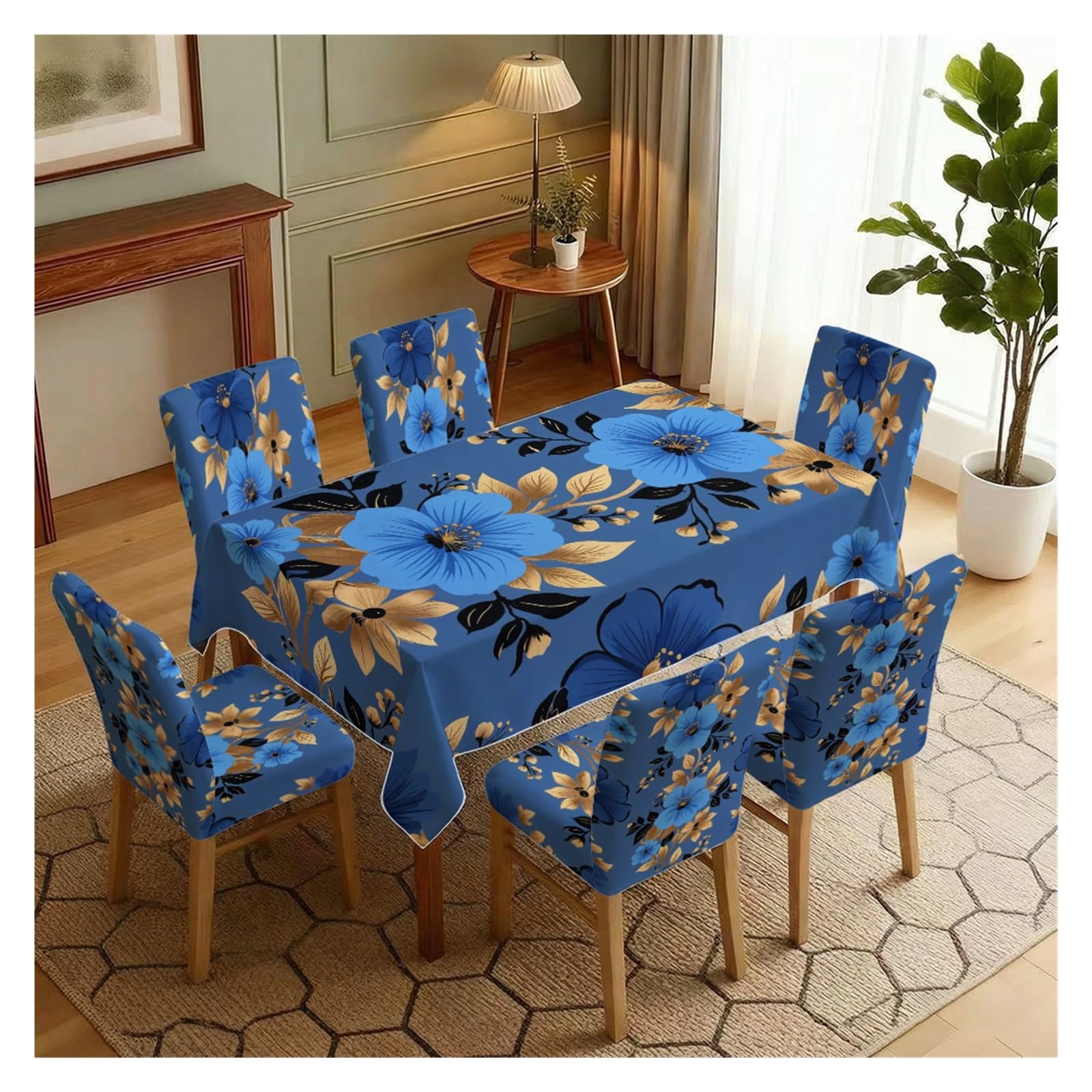 KXUAUV Blue & Gold Floral Print Tablecloth & Chair Covers Set, Slipcovers For Dining Room, Kitchen, Banquet & Elegant Decor, 5/7 Pack Party Decor(7pcs Set: Tablecloth+Chair Covers)