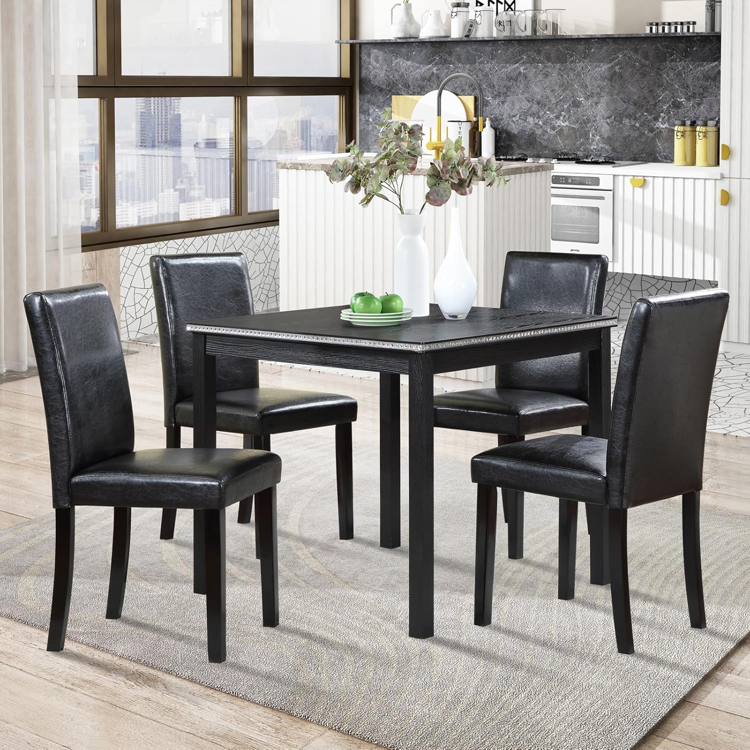 (CHAIRS ONLY)KEIKI 5-Piece Standard Height Dining Table Set with Square Table and 4 Upholstered Chair, for 4 Person, Classic Crystal Decoration Wood Table Set, Easy Assembly, for Kitchen, Dining Room, Black Black 34.5\"L x 34.5\"W x 30\"H