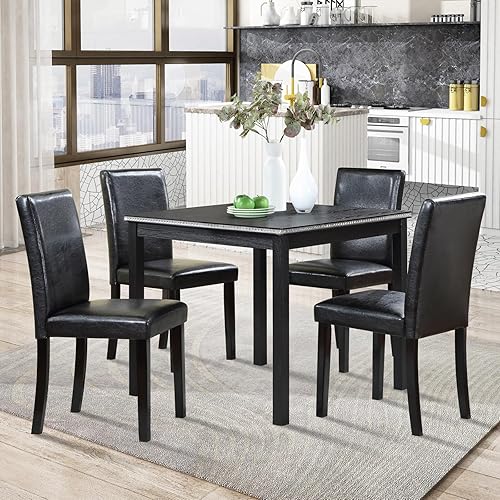 Miniatura 23 de KEIKI Juego de mesa de comedor de altura estándar de 6 piezas con mesa rectangular, 4 sillas tapizadas, banco, para 6 personas, juego de mesa de
