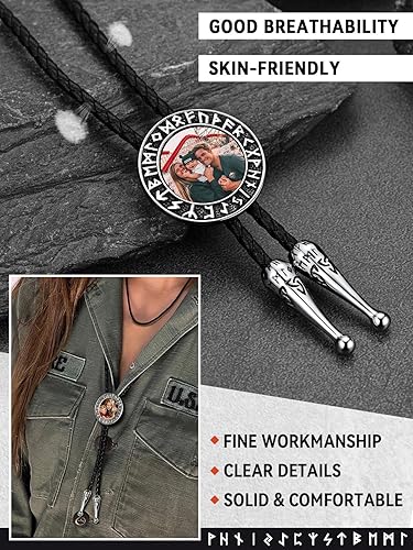 Miniatura 3 de FaithHeart Corbata de bolo nórdico vikingo para hombre, corbata de cuero negro con colgante de acero inoxidable, corbata de vaquero occidental, caja