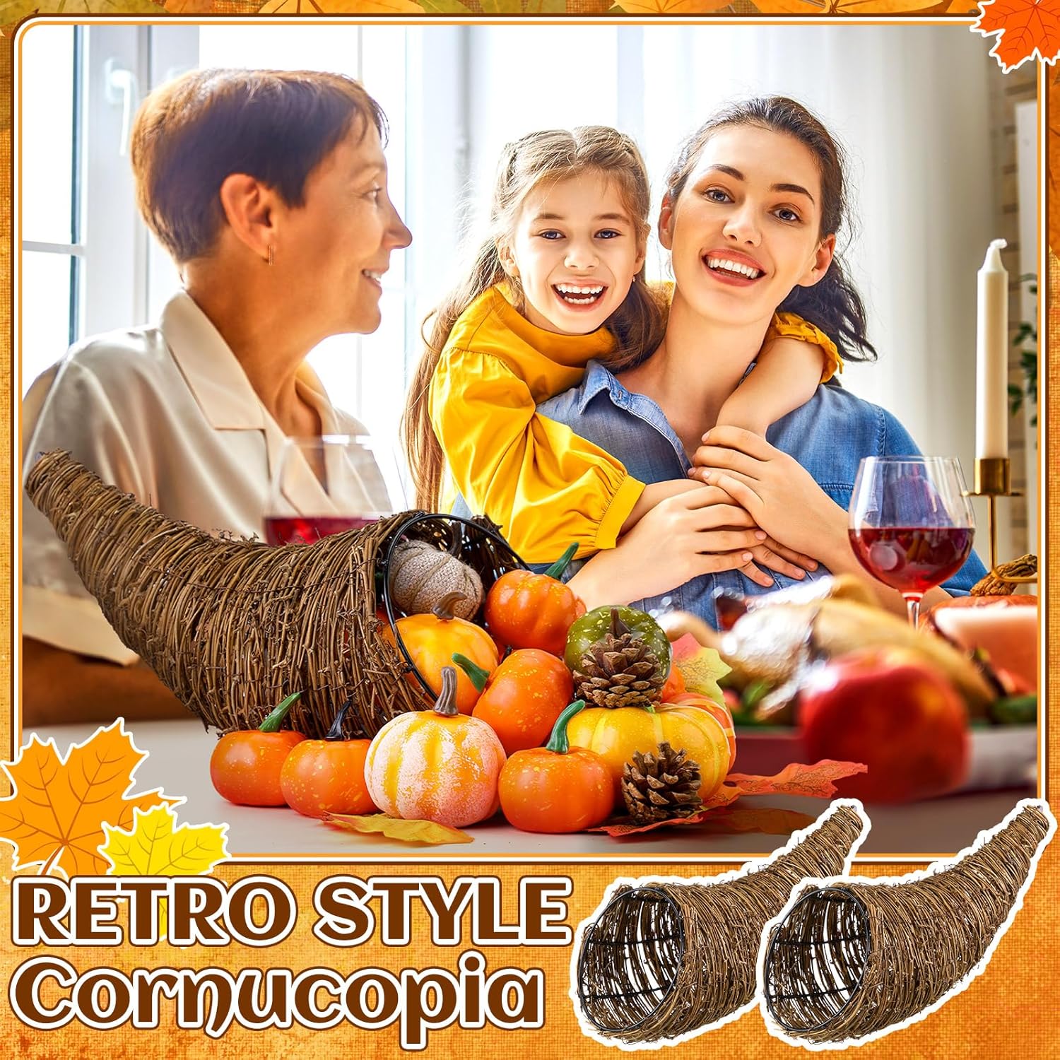 Dandat Thanksgiving Cornucopia Basket 13.78 Inch Horn of Plenty Table Decoration for Thanksgiving Cornucopia Centerpieces Fall Harvest Decor for Table Decorations Centerpieces(2 Pcs)