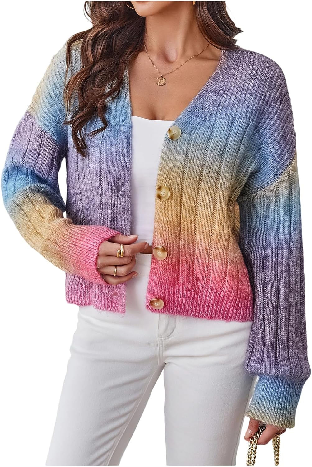 MakeMeChic Women's Colorful Chunky Cropped Cardigans Button Down Long Sleeve Drop Shoulder Rainbow Sweater