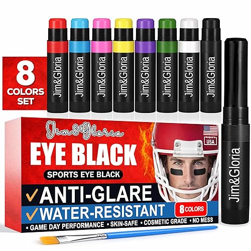 Jim&Gloria Water Resistant Eye Black, Anti-Glare Sports Face Paint Stick, EyeBlack for Softball, Baseball, Football Drip & Game Day Black Eye Makeup, Athletes Accessories Gift 8 Colors