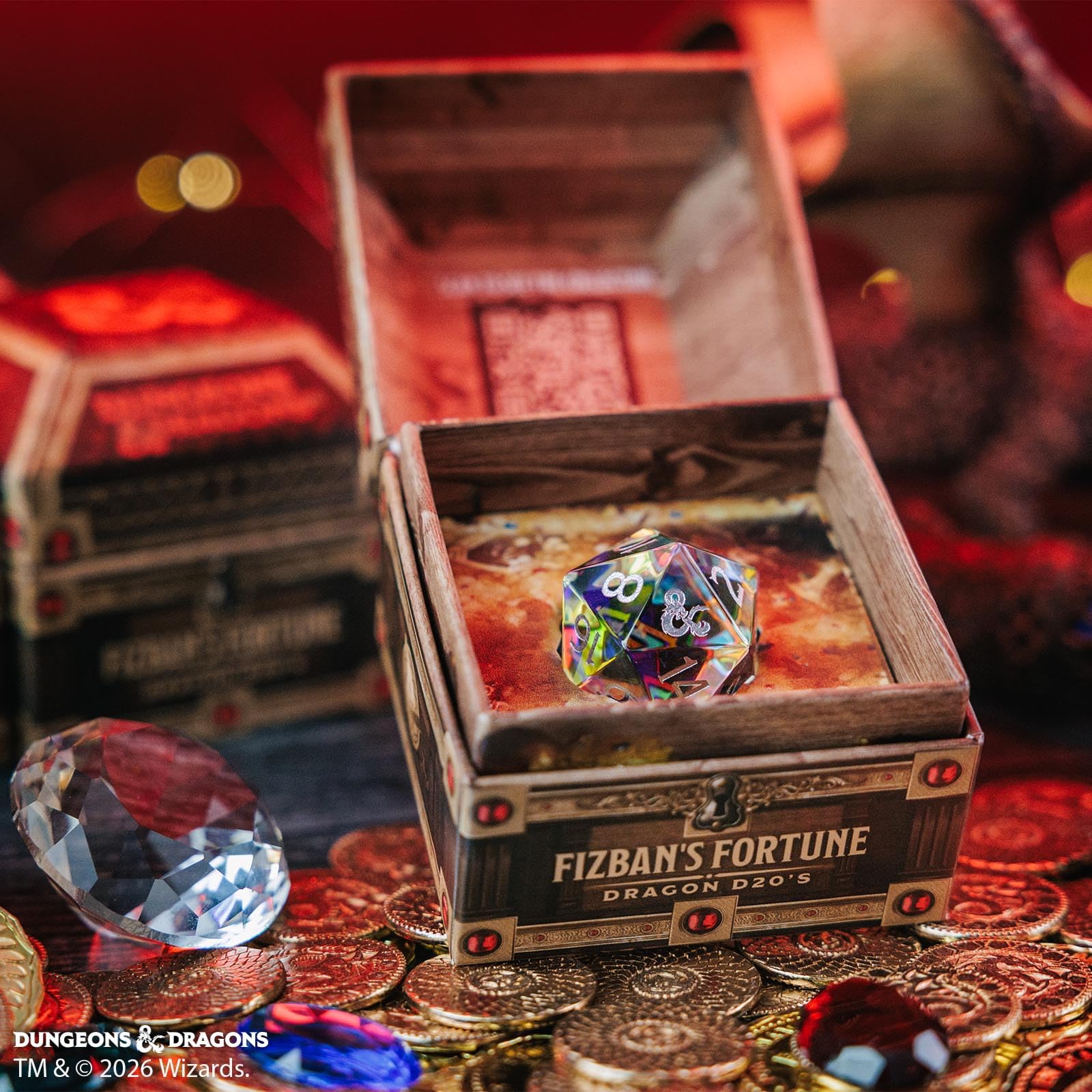 D&D Fizban's Treasure Misfit - Caja ciega de gran tamaño d20 de Fanroll | A partir de 14 años | Dados misteriosos de 25 mm en cofre del tesoro, metal, piedra preciosa, núcleo líquido y dados de rol