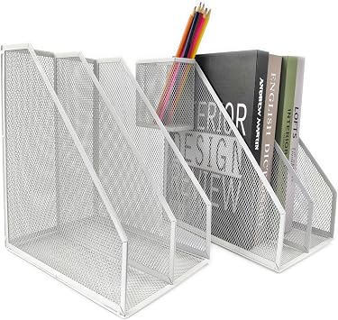 2 Set Desk Organizers, Metal Desk Magazine File Holder and 1 Pen Holder, 2 Compartments Mesh File Holder, Mesh Desktop Organizer and Storage white