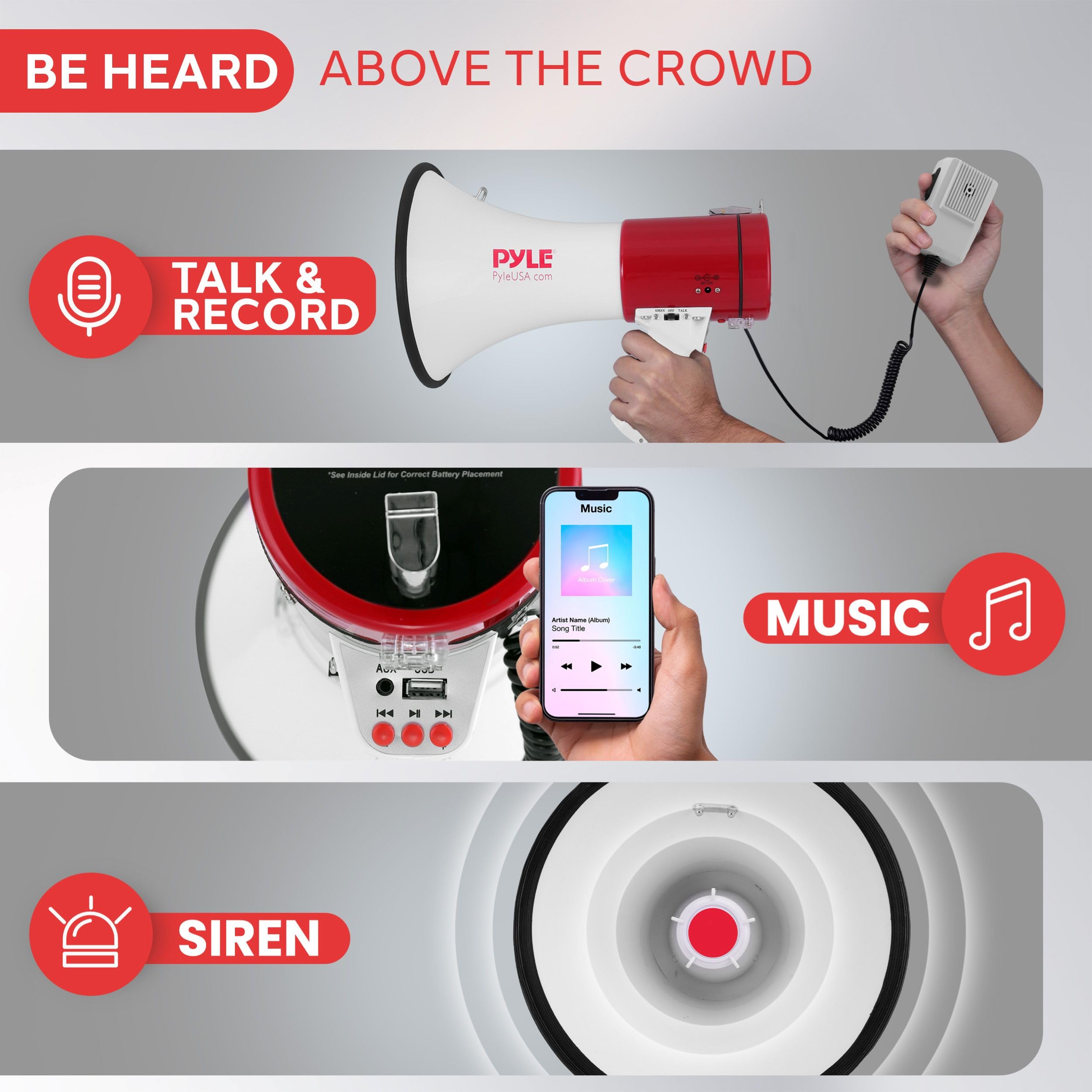 Pyle Megaphone Speaker PA Bullhorn - with Built-in Siren 50 Watts Adjustable Volume Control & Record Function - Ideal for Football, Baseball, Cheerleading Fans, Coaches or for Safety Drills PMP58U