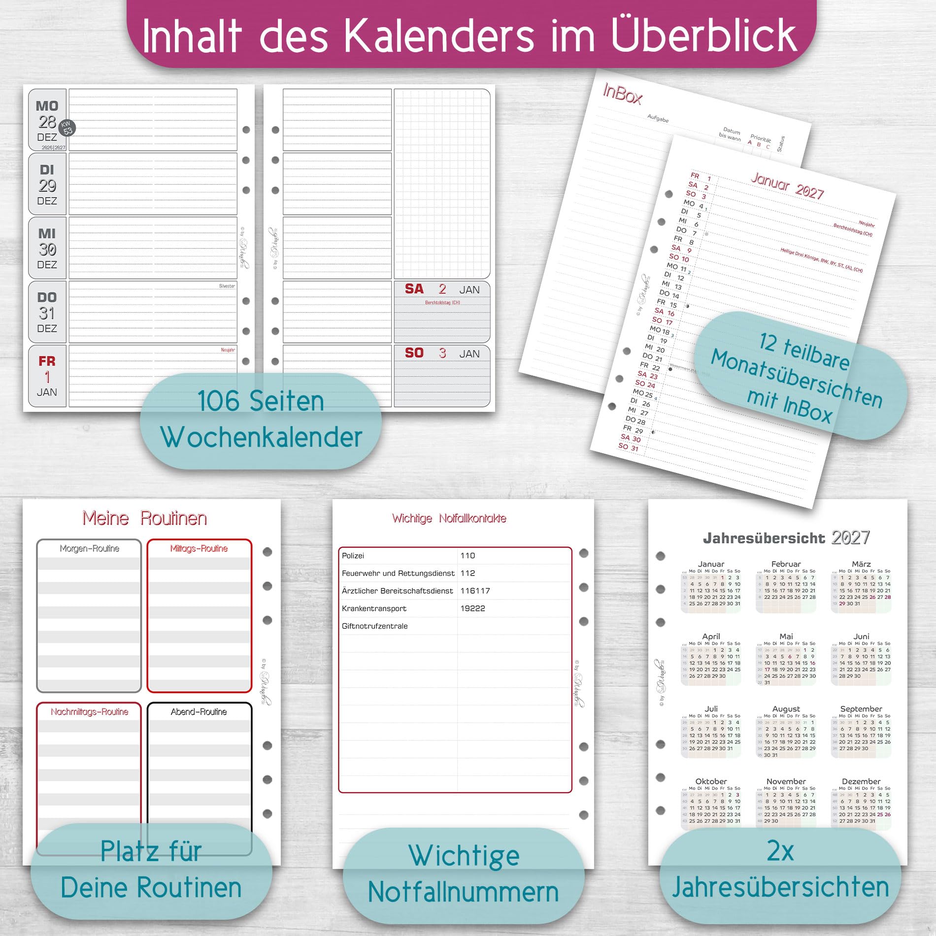 SinnWunder® 2027 Premium Kalendereinlage - Wochen-Kalender - 1 Woche 2 Seiten - Größe Din A5-6-fach Filofax-Lochung - BasicSinn