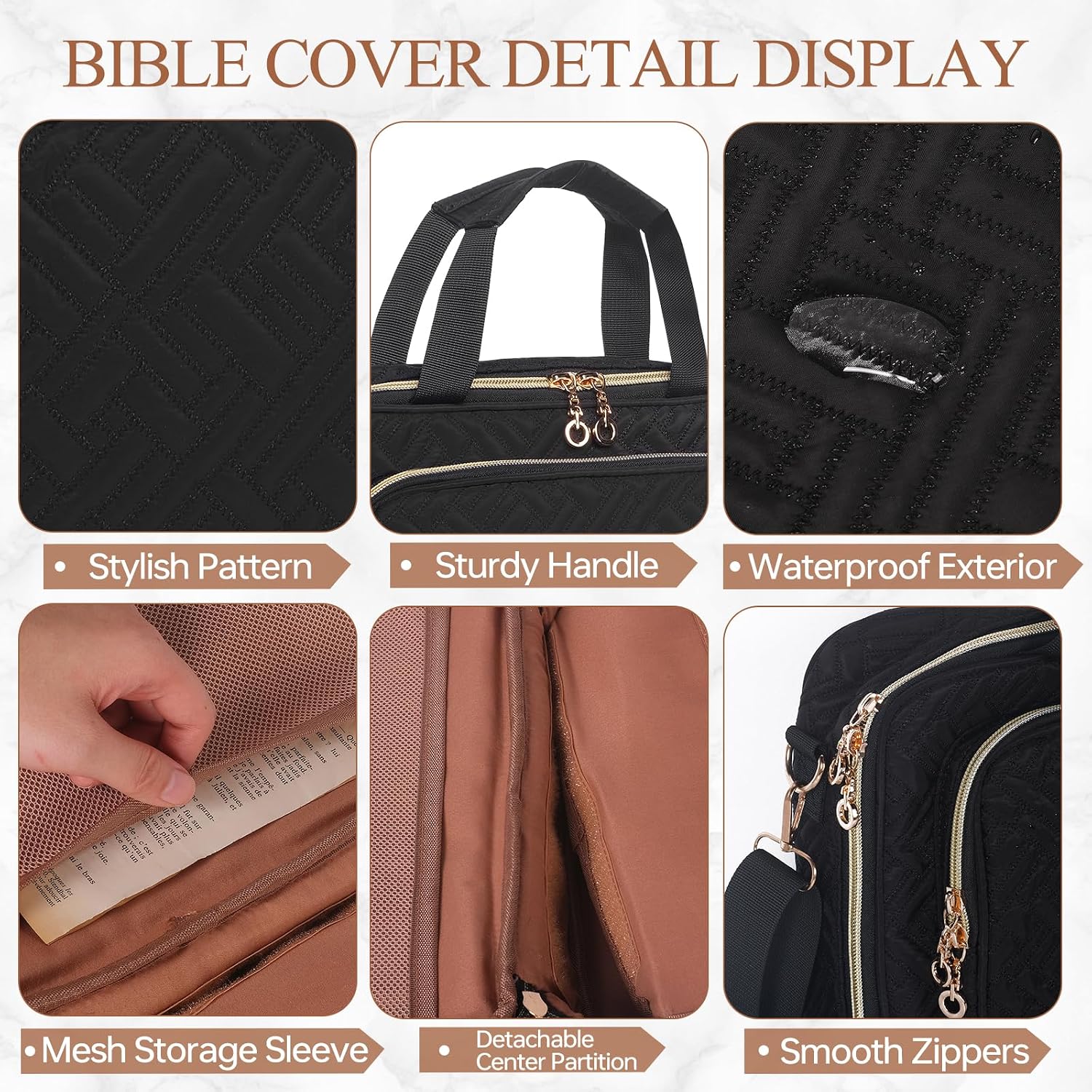 Bible Cover Case for Women Elegant Carrying Bag with Handles & Shoulder Strap Large Bible Storage Bag–Includes Bible Study Supplies Highlighters(Black, L)