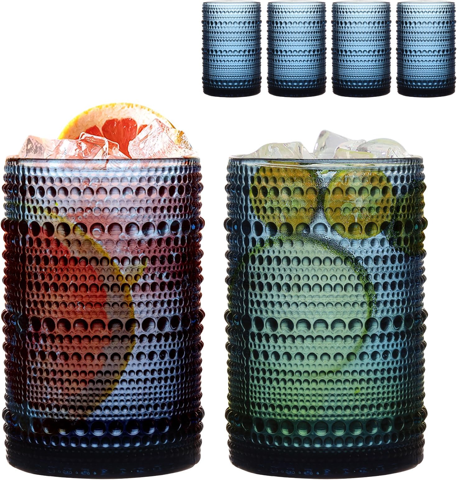 Set of 4 Hobnail Drinking Glasses, 15oz, Vintage Jupiter Drinking Glasses,Embossed Old Fsahioned Glassware for Beer,Water,Juice,Cocktail,Whiskey,Gift (Cornflower Blue, Large)