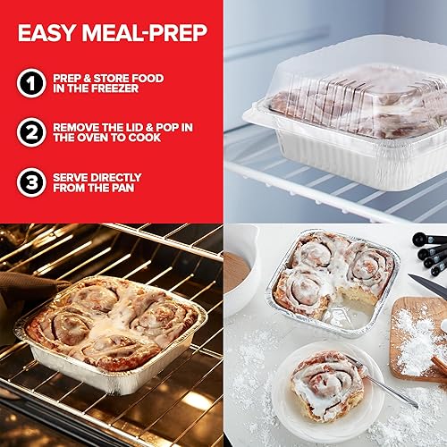 Miniatura 5 de Stock Your Home Paquete de 50 moldes desechables para hornear de 8 x 8 con tapas, molde cuadrado de aluminio resistente con tapa, bandejas de