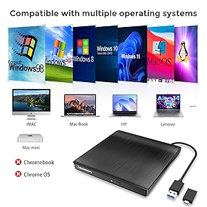 External DVD Drive USB 3.0 Type-C USB C Portable DVD Player for Laptop Disk Duplicator CD DVD +/-RW CD ROM Burner Writer CD/DVD Burner Reader Disk Drive for Laptop Desktop Windows Linux MacBook