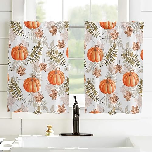 Miniatura 3 de Kitchen Curtains 2 Panels Rod Pocket Tier Curtain Fall Orange Pumpkin Maple Leaf Window Valance,Light Filtering Window Treatment Thanksgiving Plant