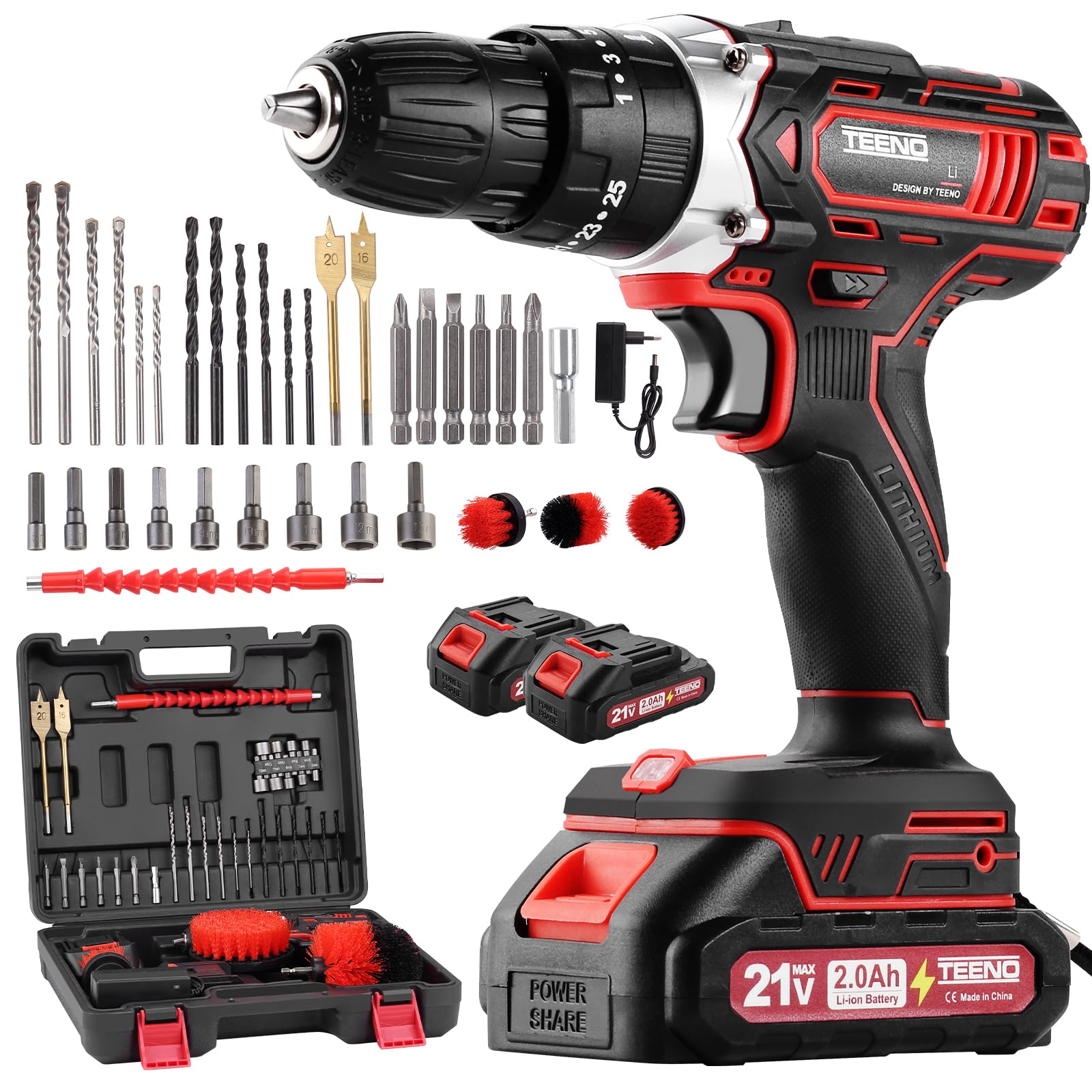 TEENO Cordless Drill Driver for Makita Battery 21 V 2 x 2.0 Ah Batteries, 45 Nm, 25 + 3 Pair Configurations, Includes 3 Cleaning Brushes, 2 Speeds, LED, 34 Accessories and Case