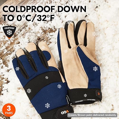 Miniatura 3 de Vgo... - 3 pares de guantes de trabajo para invierno de cuero de cerdo y forro para temperaturas de 32F o más, guantes de seguridad (talla XL, azul,