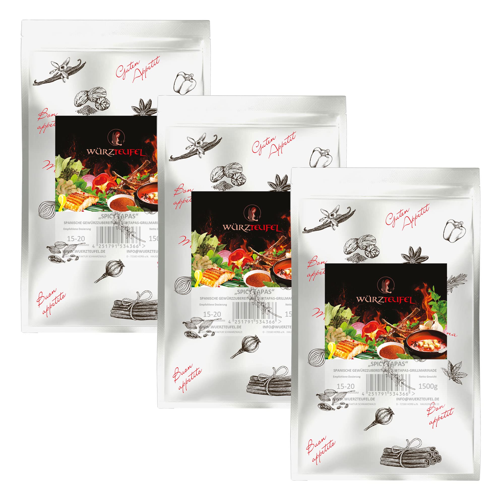 Tapas - Marinade, Spicy Tapas Dipp przyprawy Taps - sosy do hiszpańskich specjałów z mięsa i warzyw. 3 worki XL po 1500 g (4,5 kg)
