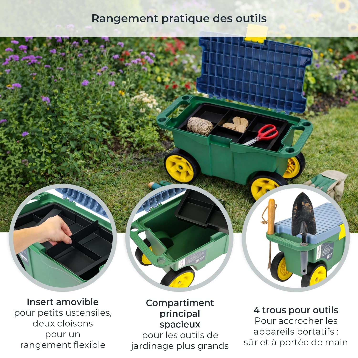 HMF Chariot de jardin 2 en 1 avec siège et espace de rangement, tabouret de jardin avec grandes roulettes, siège roulant pour le jardinage jusqu'à 100 kg | 55 x 26,5 x 29,5 cm | Vert