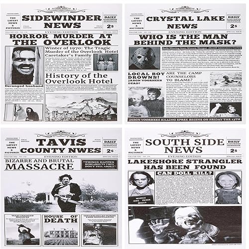 Pósteres vintage de terror, 4 piezas sin marco de 8 x 10 pulgadas, impresiones de periódicos de películas de miedo, decoraciones de Halloween, arte