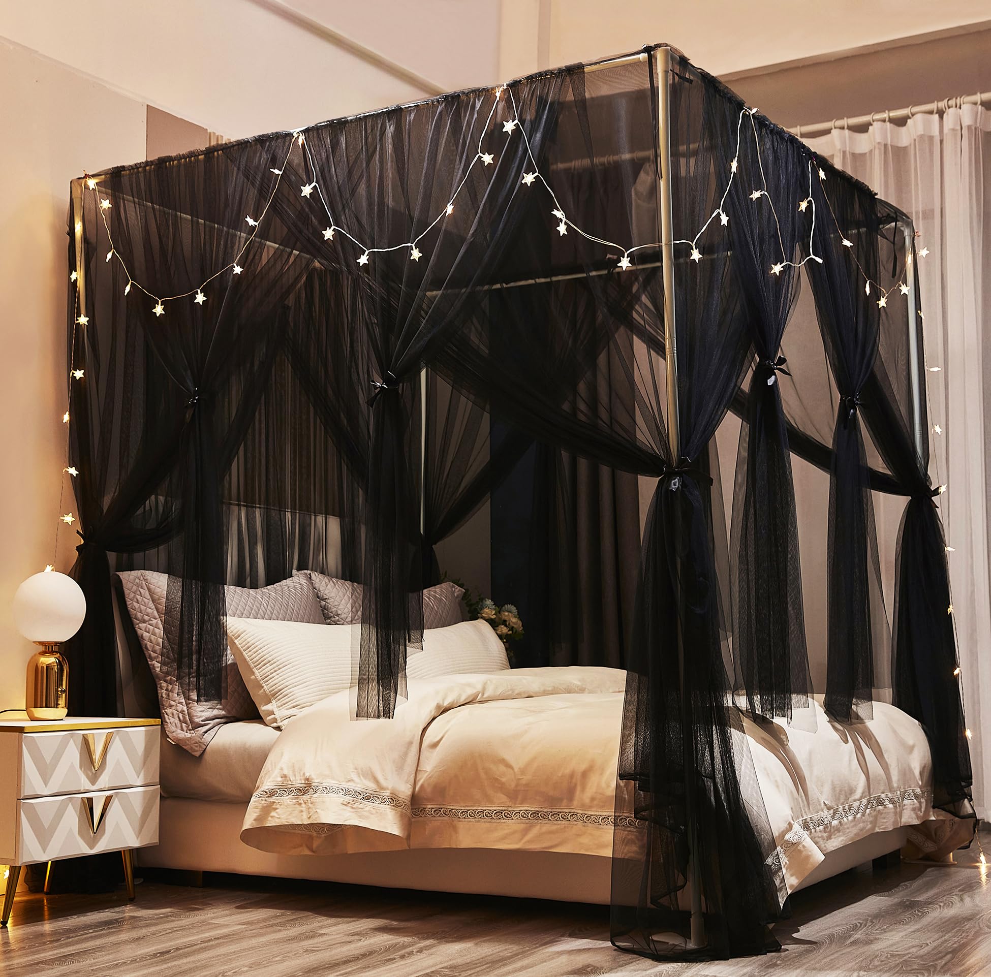 Rideaux à Baldaquin Pour Très Grand Lit - Noir - 4 Côtés + Dessus - Microfibre/polyester - Résistant à La Lumière
