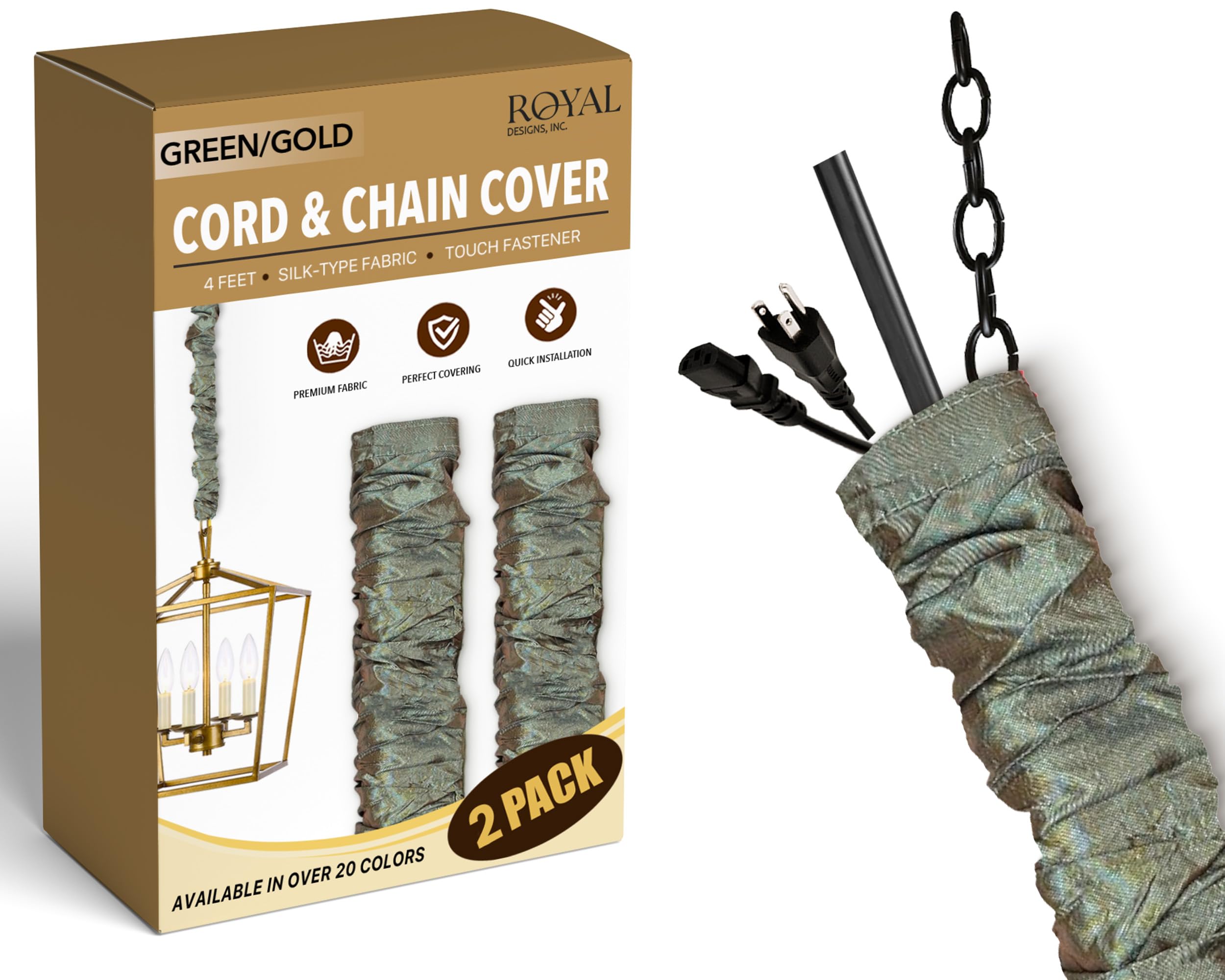 Royal Designs, Inc. Cord &amp; Chain Cover 4 ft Silk Type Fabric, Chandelier Pendant Lighting Chain &amp; Cable Management, Touch Fastener, Green Gold - 2 Pack