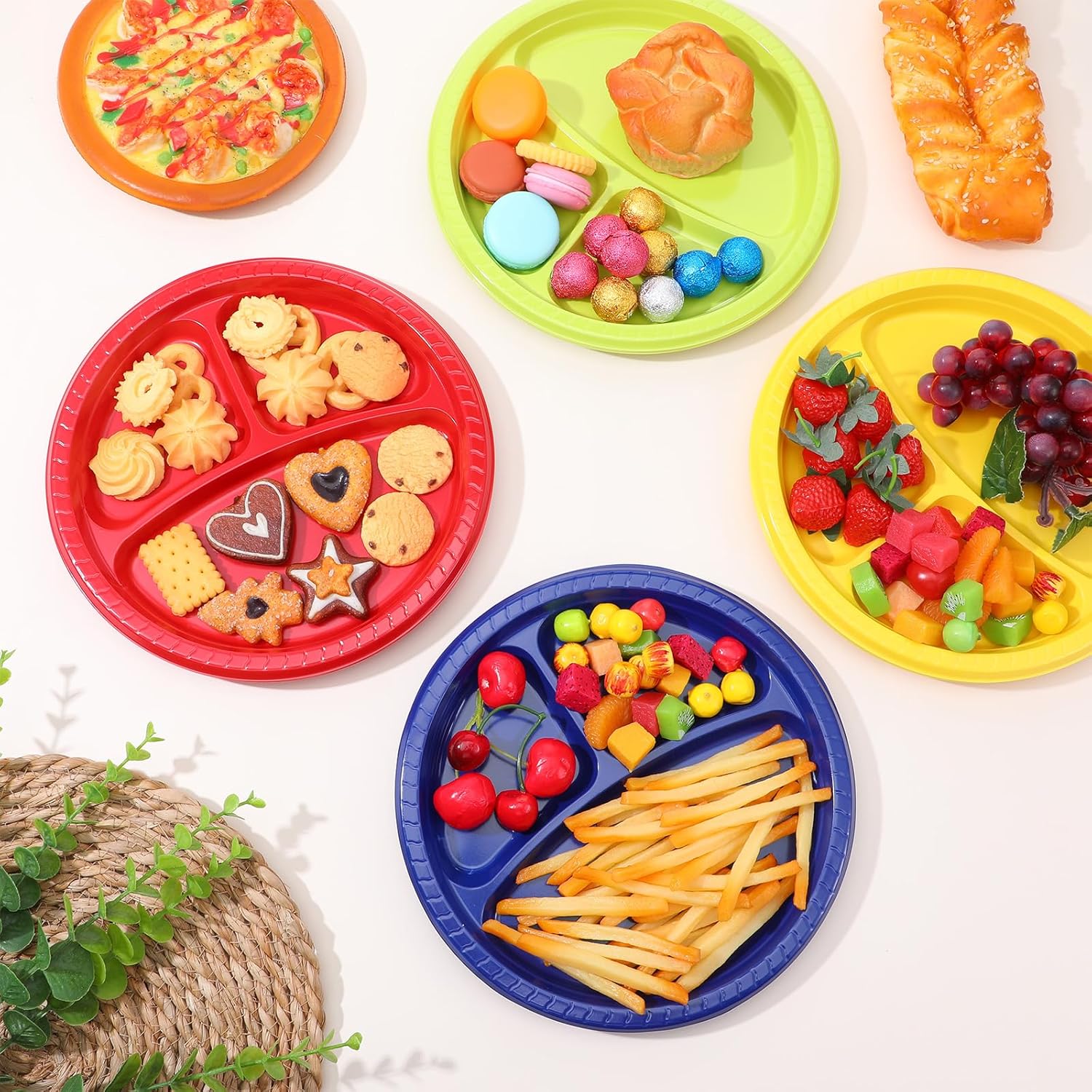 100 Pcs 10 Inch 3 Compartment Plates Plastic, Divided Plate, Section Plates Heavy Duty Disposable Dinnerware for Party Wedding Birthday(Red, Yellow, Blue, Green)