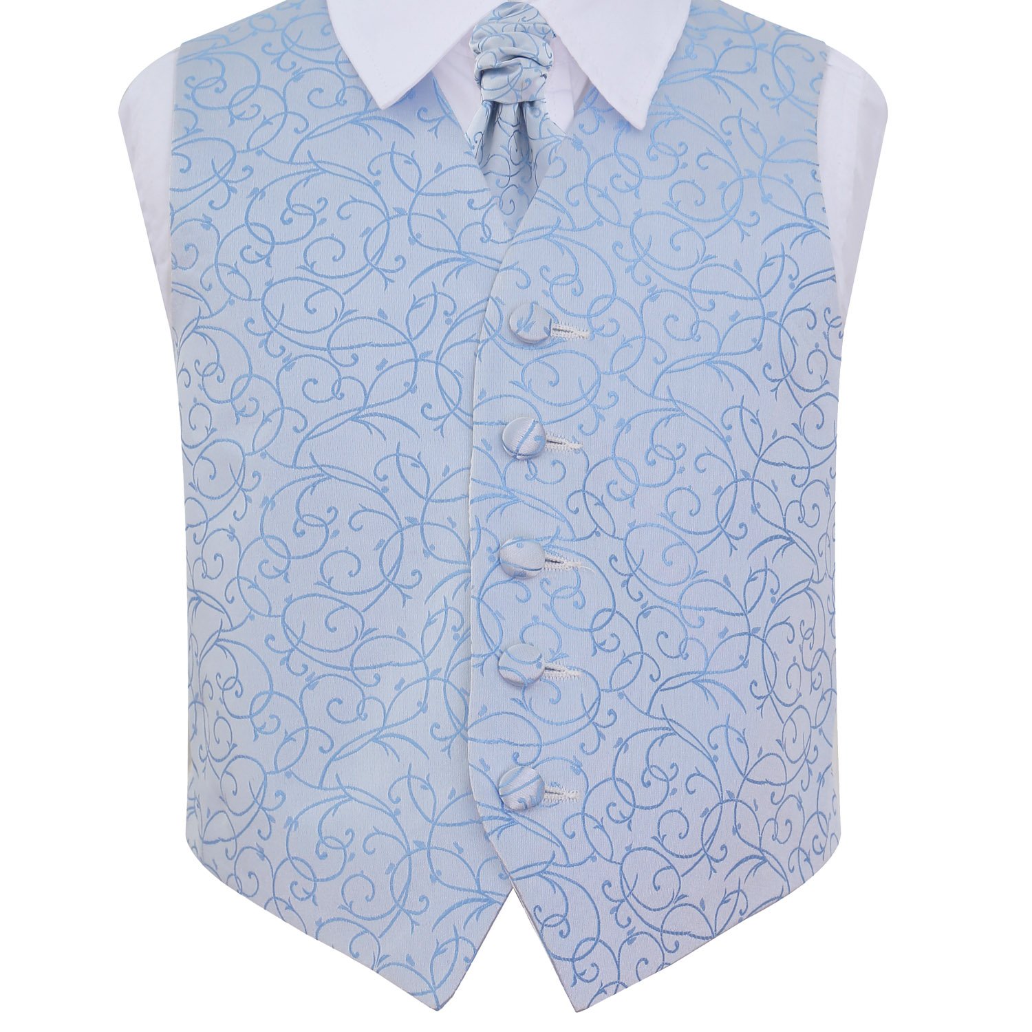 Dqt Boys Baby Blue ’ Swirl Floral Jacquard Wedding Waistcoat & Cravat Set For Page And Formal Suit - 13-14 Years 34"