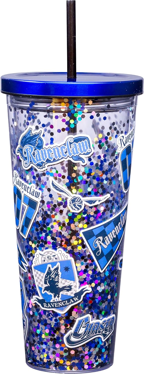 Spoontiques Large Harry Potter Glitter Cup Tumbler with Stainless Steel Lid and Straw - 32 oz - Acrylic - Ravenclaw
