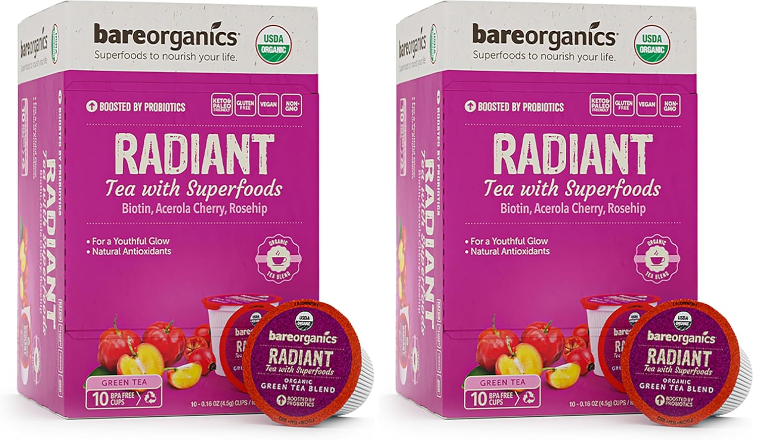 BareOrganics Radiant Tea withuperfoods & Probiotics | Compatible Tea Pods | USDA Certified Organic, Vegan, Non-GMO & Recyclable, 10ctingleerve Cups (Pack of 2)