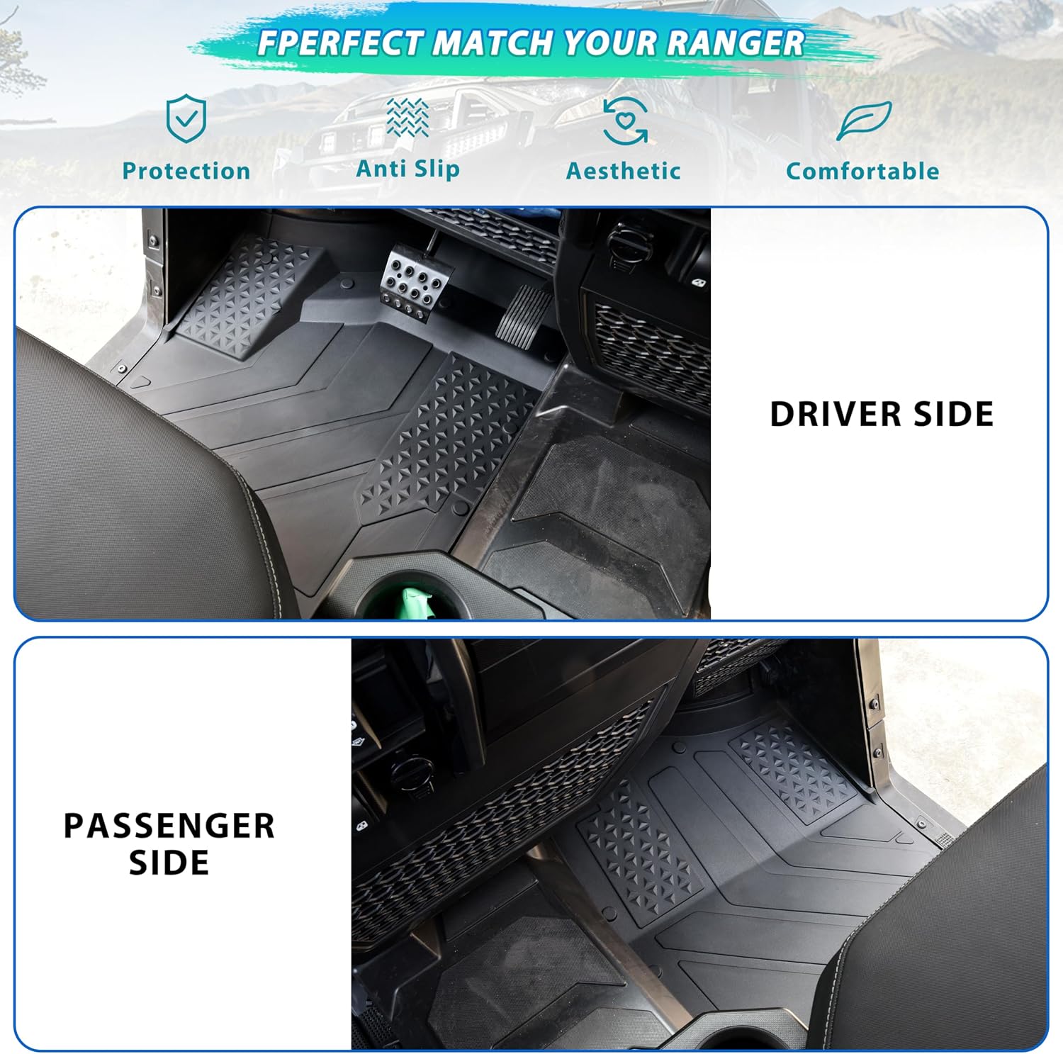 TPE Floor Mats for Polaris Ranger XD 1500, Front Rubber Floor Mat All Weather Protection Slush Liner for Polaris Ranger Crew XD 1500 Northstar Premium/Ultimate 2024 2025 Accessories (2PCS)
