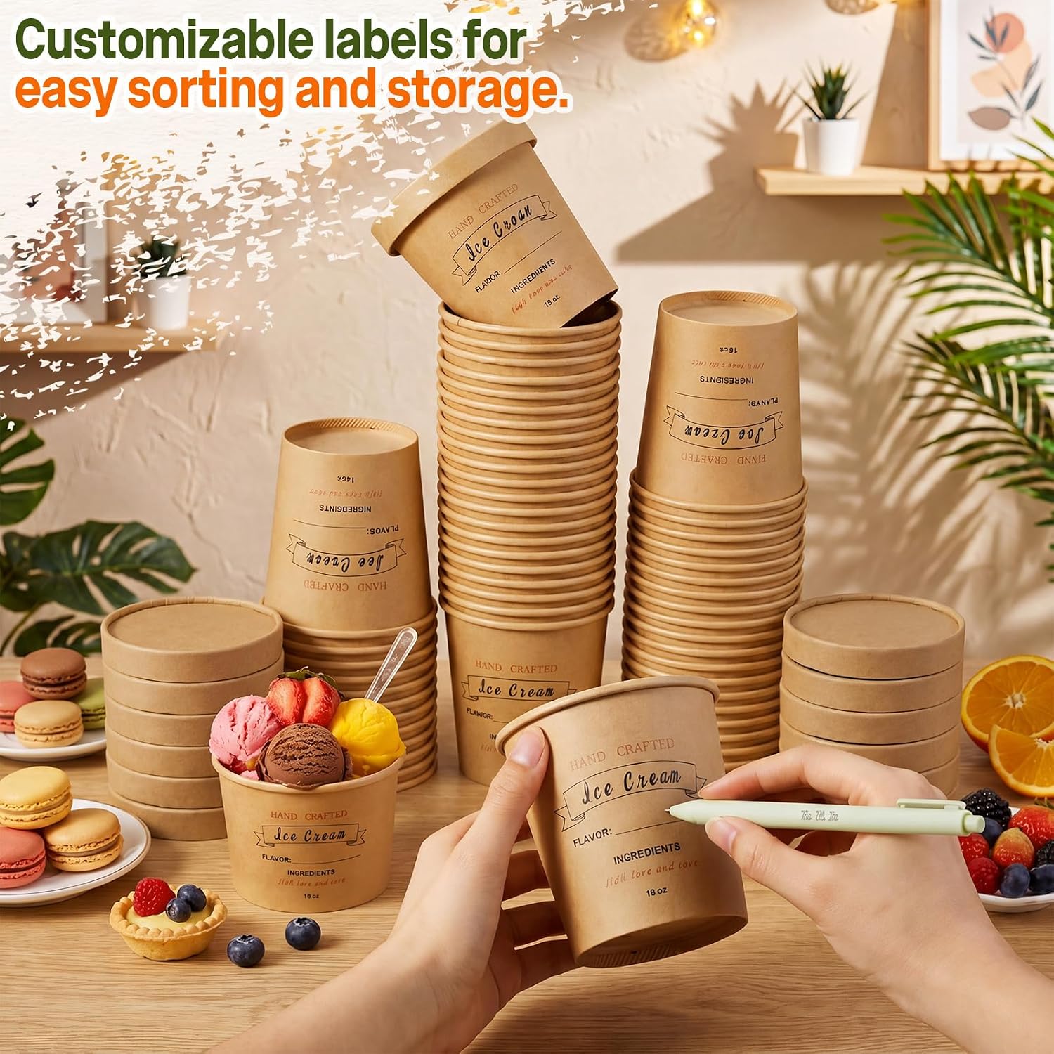 60 Pack 16 oz Disposable Pint Ice Cream Containers, Kraft Brown