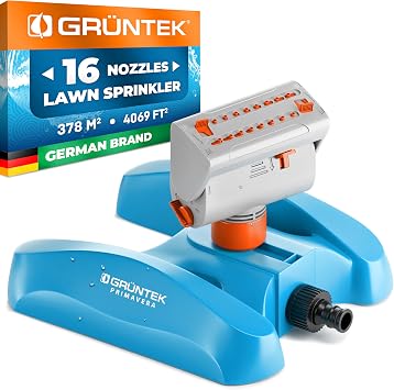 GR NTEK Mini - Lawn Sprinkler with 16 nozzles up to 378 m2 / 4069 ft2 Irrigation area with turbo engine