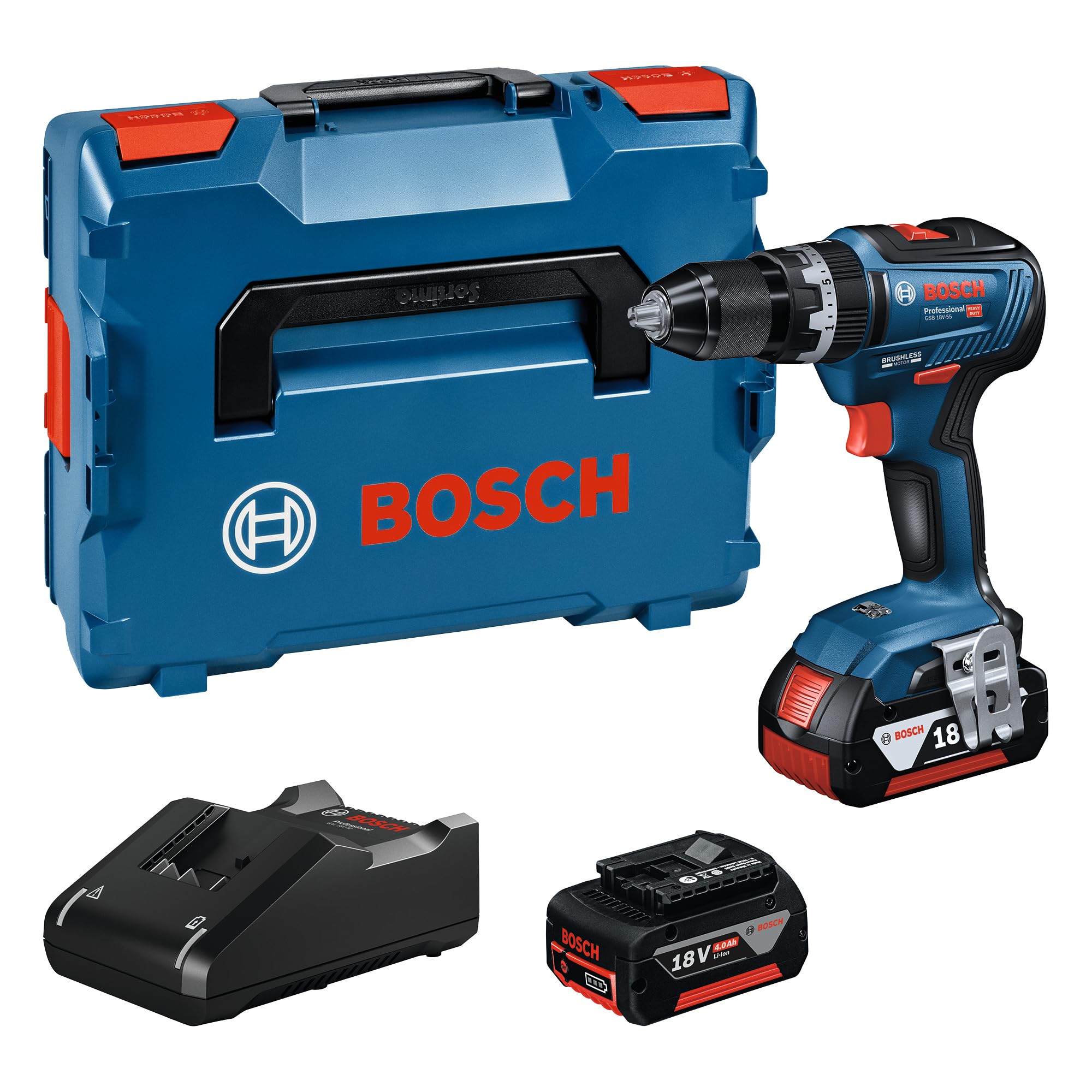 Bosch Professional18V System GSB 18V-55 cordless combi drill (torque 55 Nm,  2x Ah battery, GAL 18V-40 charger, in L-BOXX 136)