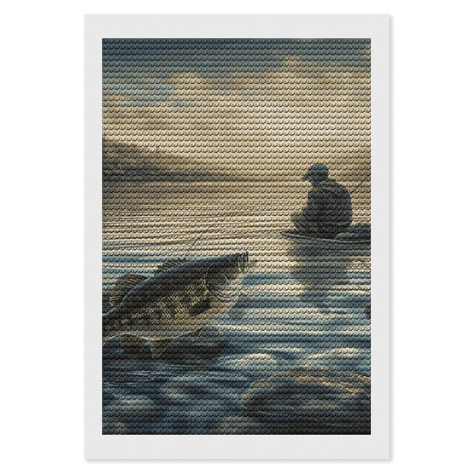 DWVTSLH Lake Fish Fishing Diamond Painting Kits for Adults, Personalized Diamond Photo Art Full Drill, DIY 5D Diamond Art Painting Kits for Beginners, Home Wall Decor 8"x12"
