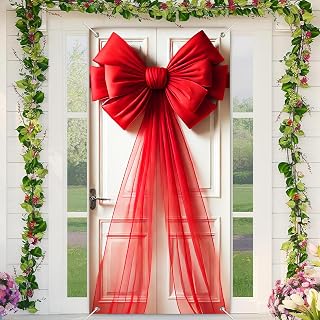 Red Bow Door Cover 71x35 Inch Large Christmas Banner for Front Door Outdoor Indoor Decorations Holiday Backdrop with Sheer Ribbon Giant Fabric Bowknot Gift Wrap Entryway Party Wedding Decor
