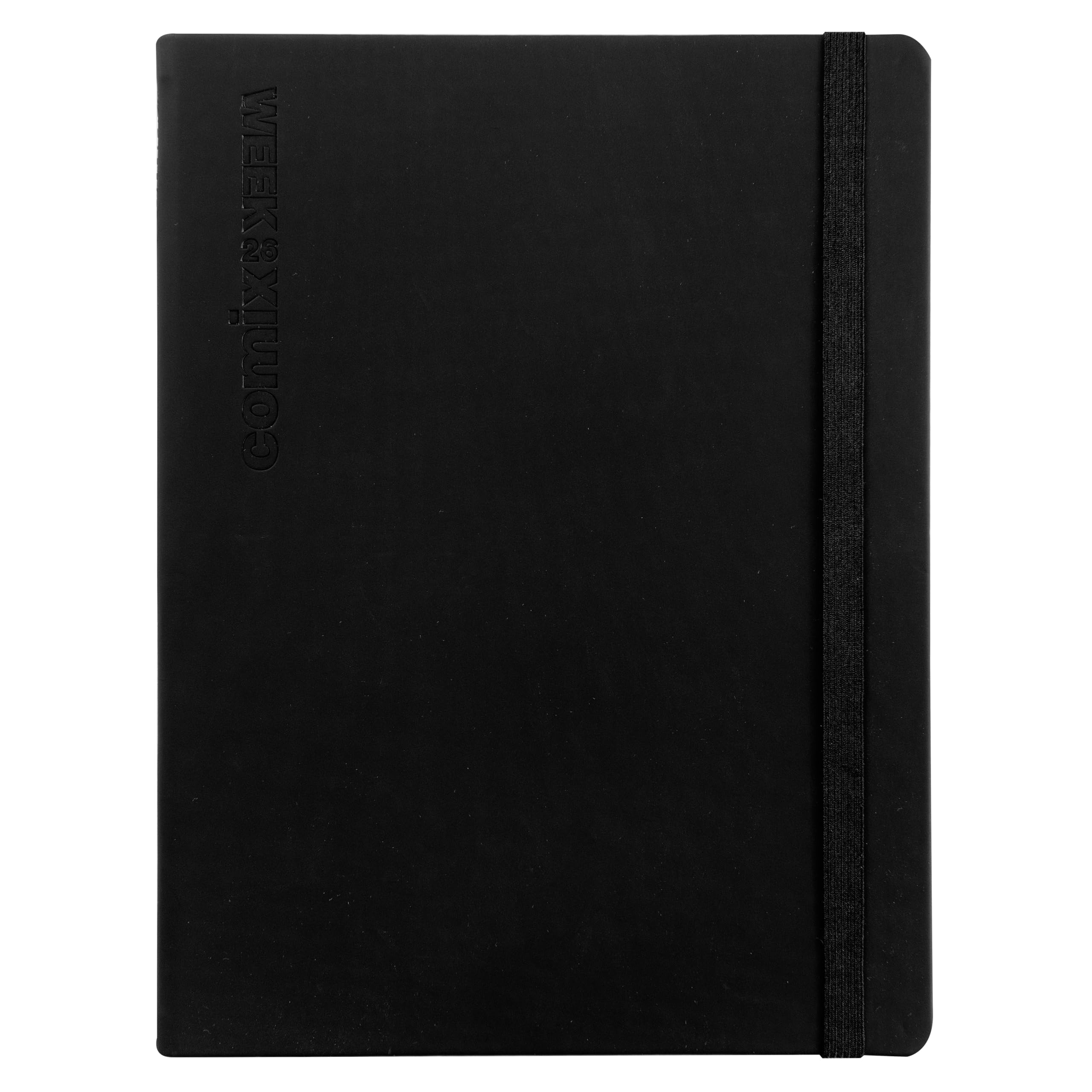COMIX, Large Vertical 2026 Weekly Planner 12 Months, Closure with Elastic Band and Side Elastic for Pen/Pencil Holder, Double Bookmark – 19 x 25 cm – Black