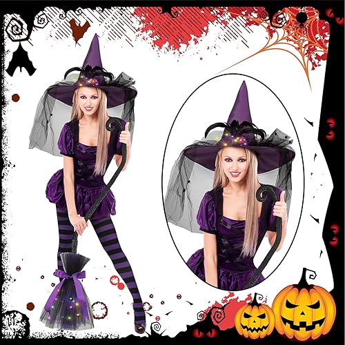 Miniatura 4 de 3 piezas de disfraz de bruja brillante de Halloween, sombrero de bruja brillante, escoba a rayas ajustadas para mujer, bruja cosplay, fiesta de