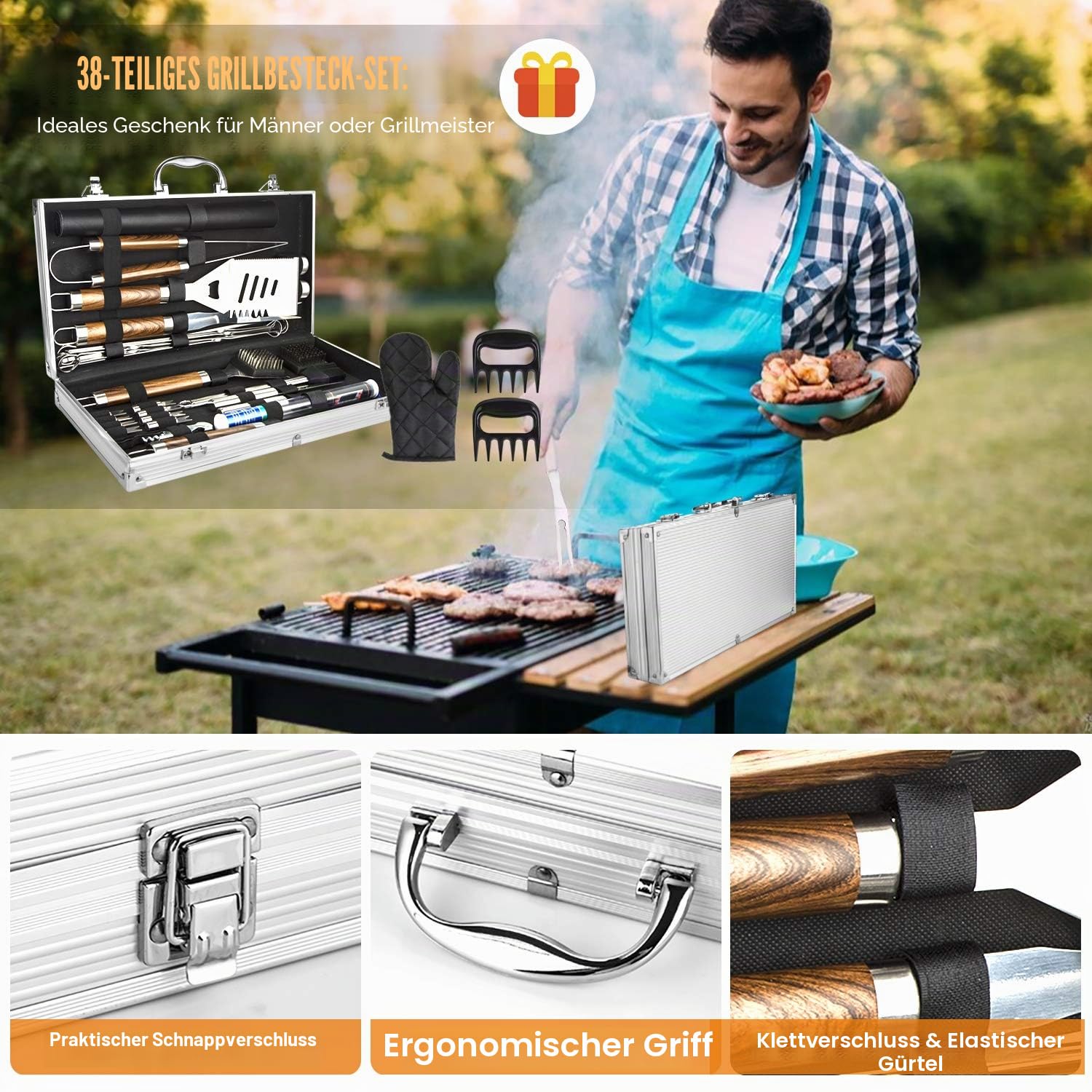 Cifaisi 38-teiliges Grillzubehör-Set mit Aluminiumkoffer | 16 Zoll Edelstahl Grillwerkzeuge Thermometer Grillmatten für Camping Hinterhof Barbecue Grillen Geschenke für Männer Frauen