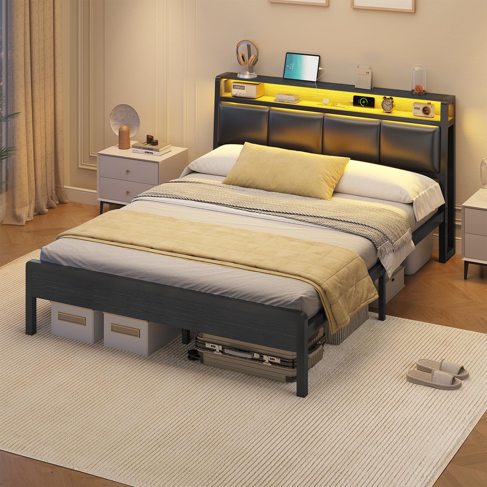 KIMENICH Bett 140 x 200, Bett mit LED-Beleuchtung, Polsterbett 140x200, Ladestation, Bettgestell mit Lattenrost, für Schlafzimmer, Gästezimmer, Schwarz