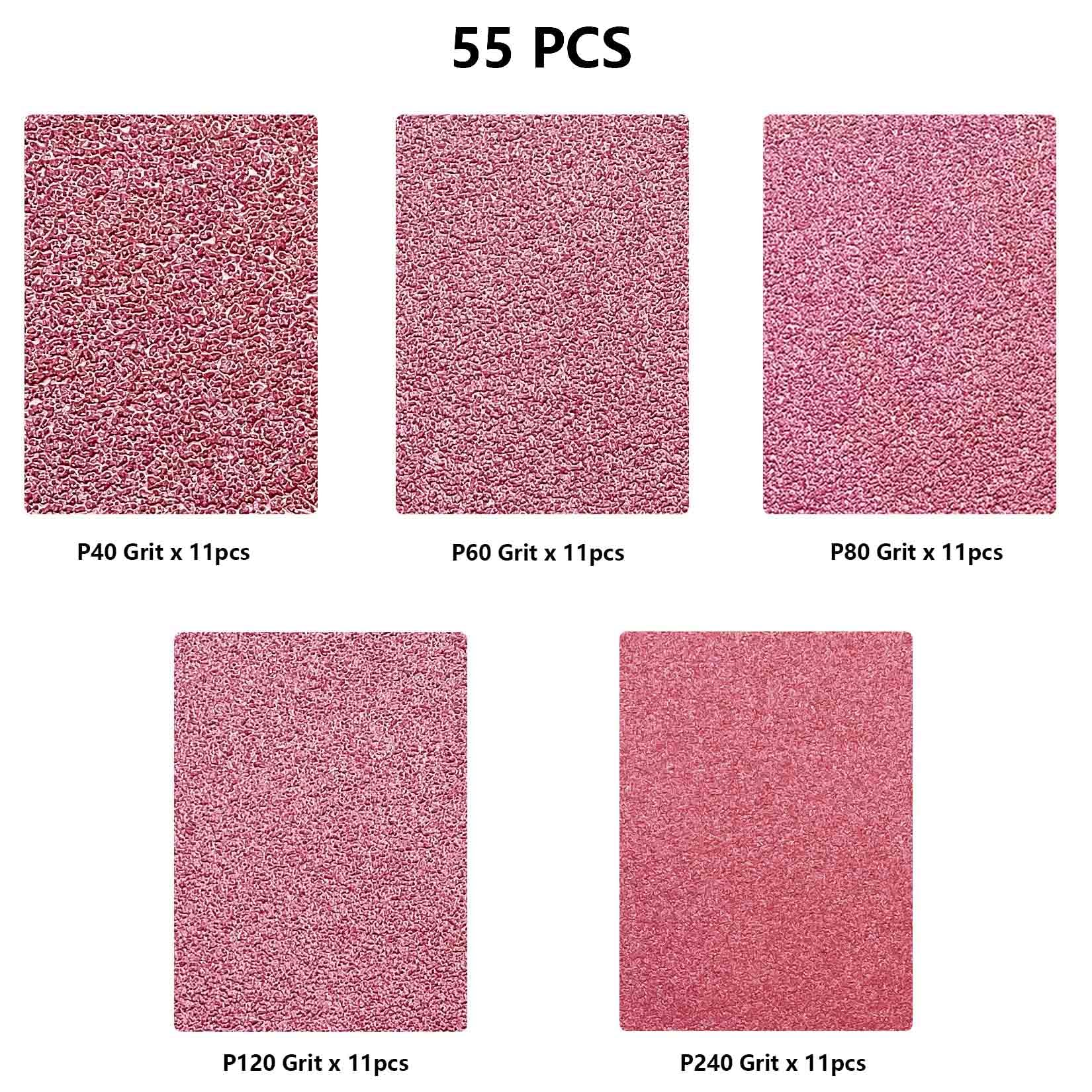 55 Piezas Discos de Lija 225 mm, Discos de Pulir 8 Agujeros Redondos Papel Abrasivo para Lijadora de Cuello Largo Lijadora de Paredes y Techos (40/60/80/120/240 Grano) Papel De Lija