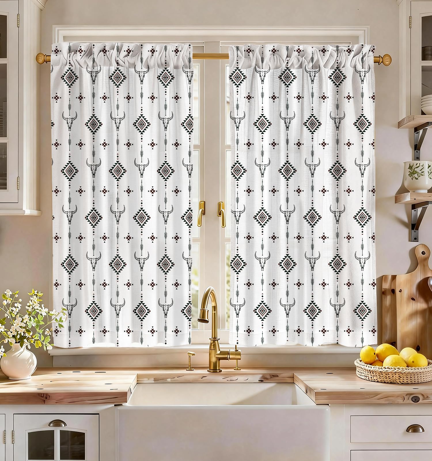 Miss Adola Boho Kitchen Tier Curtains, 45 Inch Length, Western Cow