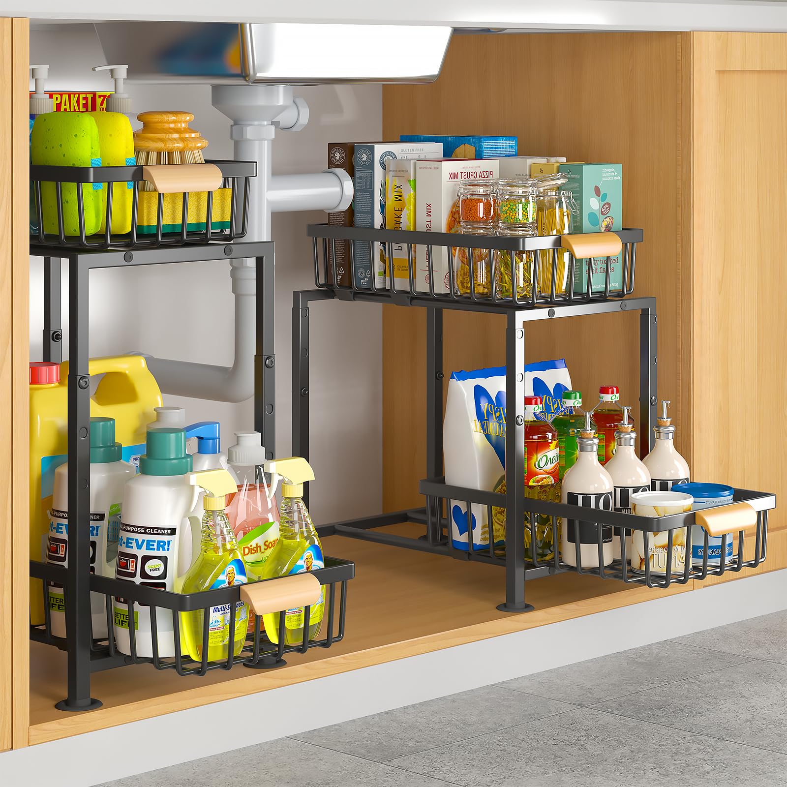 Mointal Scaffale Espandibile Sotto Lavello – 2 Livelli Con 8 Pannelli Rimovibili, Regolabile In Lunghezza E Altezza, Organizzatore Per Cucina, Bagno E Armadio, Colore Nero