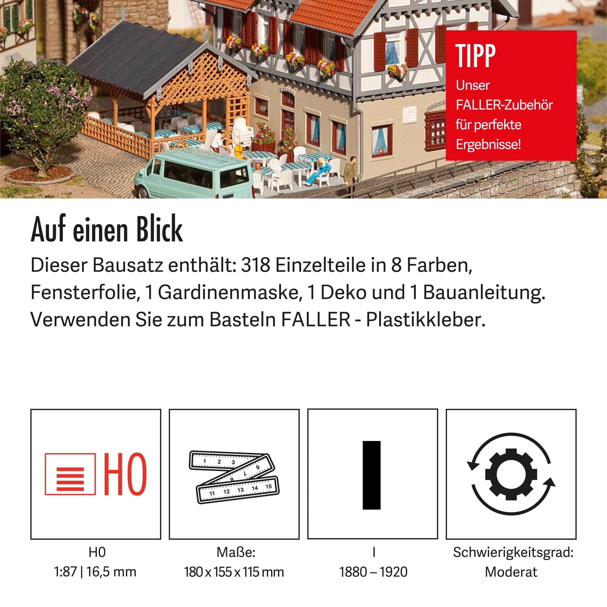 Faller FA130438 - Gasthaus Sonne mit Laube, 18.5 x 7.7 x 27.9 cm, Orange, Braun und Grau