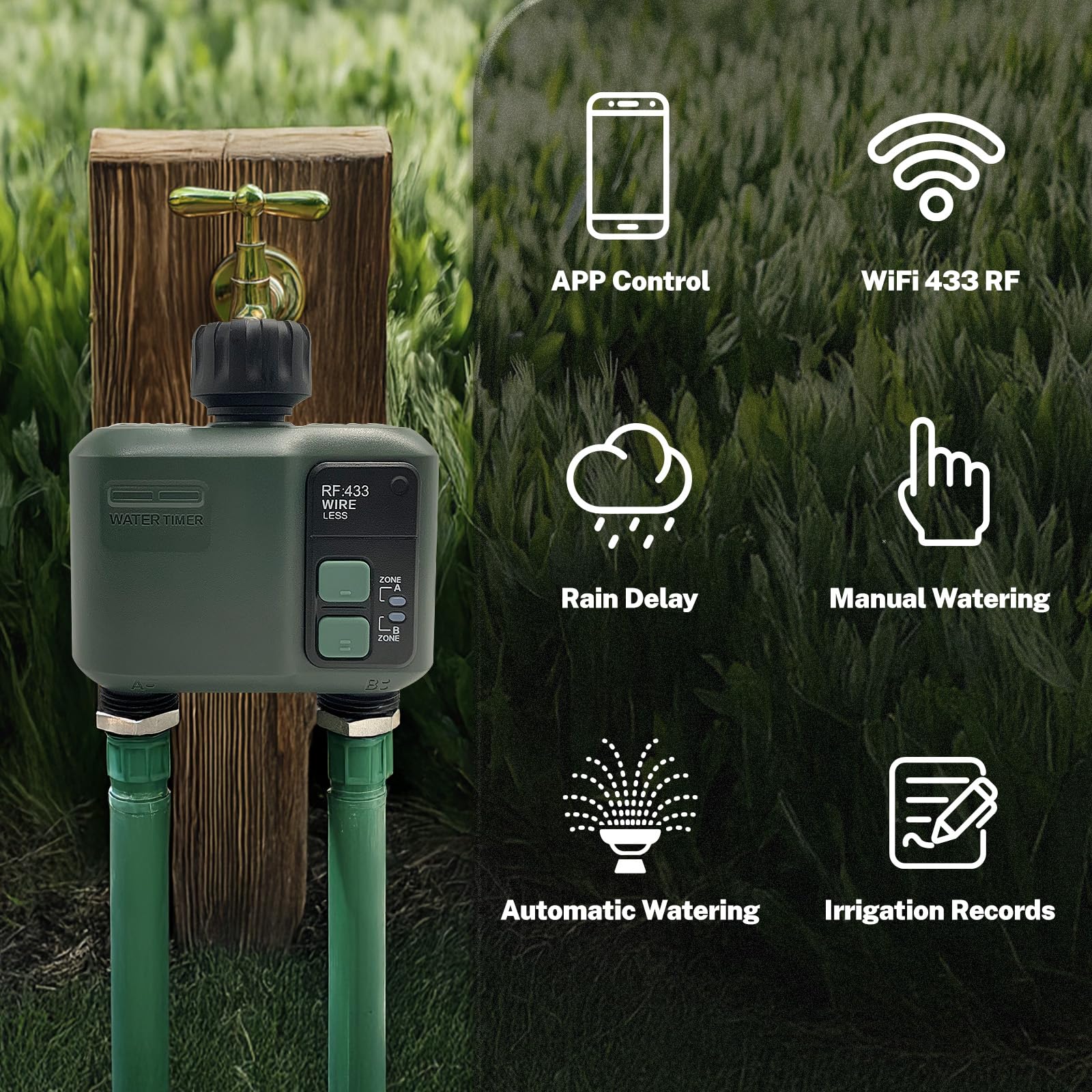 Centralina Irrigazione WiFi 2 uscite, tecnologia RF 433 da 500M Computer Giardino Timer Irrigazione,Timer Acqua Giardino Programmabile con Ritardo Pioggia, Modalità di Irrigazione Automatica e Manuale