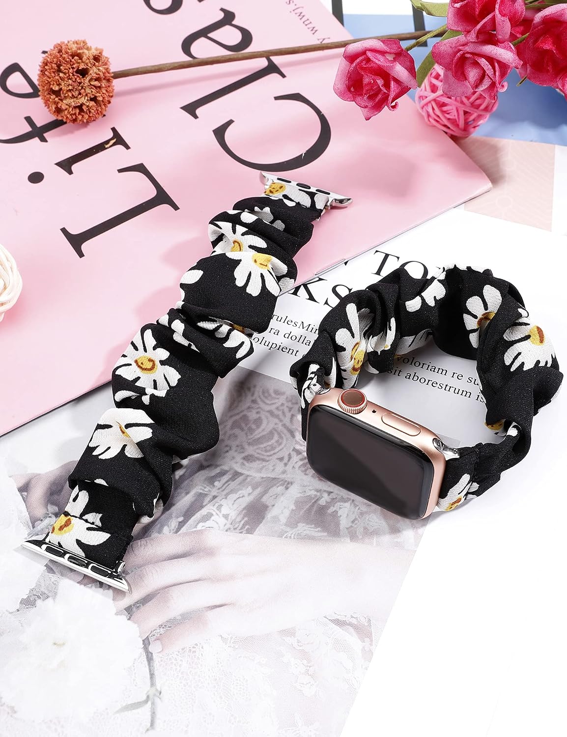 Wearlizer 4 Pace Compatible for Apple Watch Band Scrunchie Soft Cloth 38mm 42mm Cute Printed Elastic Watch Bands Women Stretchy Bracelet Wristband Strap for Apple iWatch SE/6/5/4/3/2/1